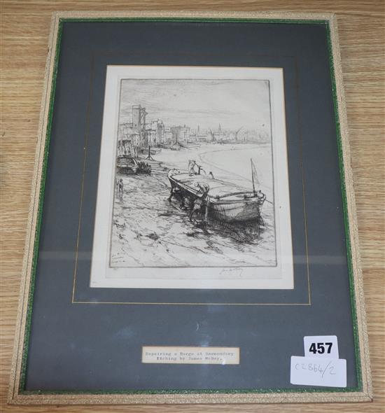 James McBey (1883-1959), etching, Repairing a barge at Bermondsey, signed, 21 x 16cm